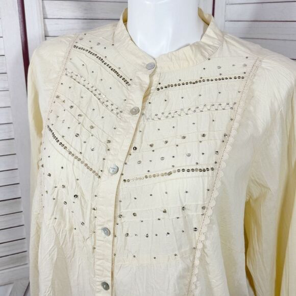 First Issue Liz Claiborne Beaded Oversized Button Front Shirt Cream 1 14W 16W - Picture 5 of 11